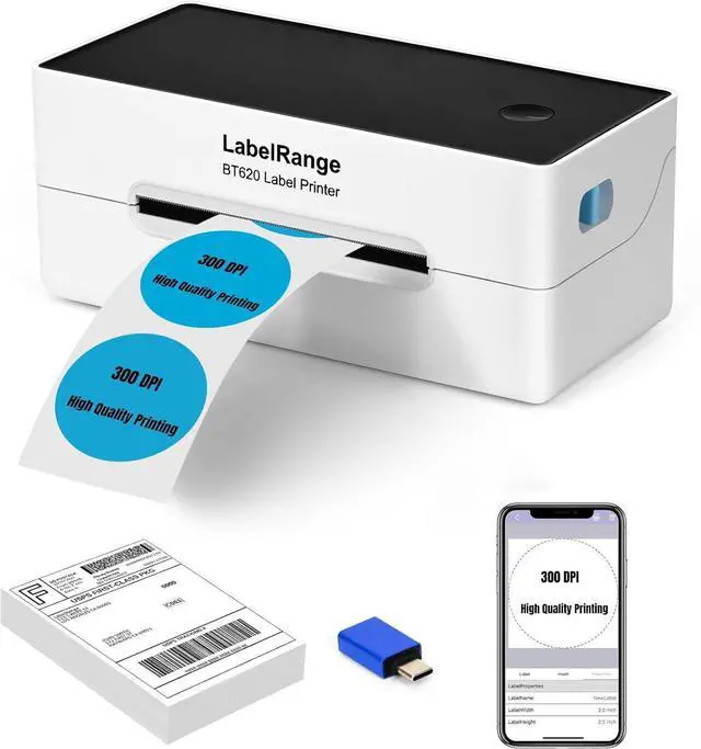 Main image of Ecommerce Shipping Label Printer, Thermal 4x6 Label Printer, 300 DPI, Bluetooth & USB, Compatible with iOS, Android, Windows, USPS, Pirate Ship, Shippo, Amazon, Ebay, Shopify