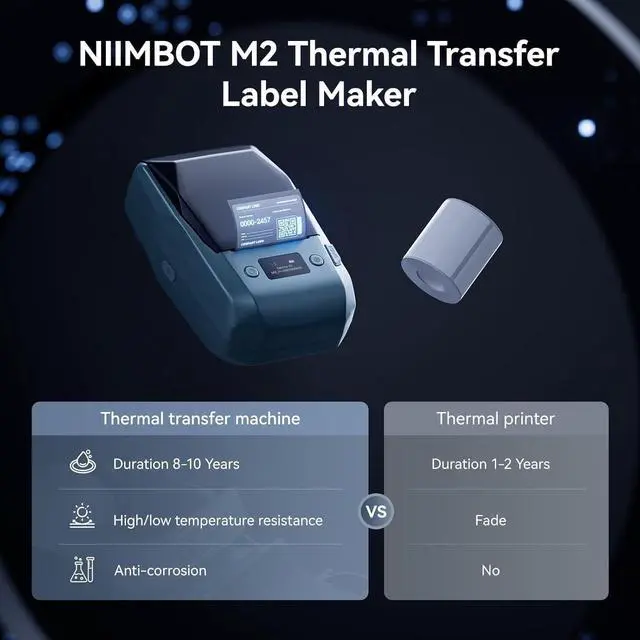 Alt view image 2 of 7 - M2 2 Inch Thermal Transfer Label Maker, 300DPI Bluetooth Label Printer, Label Maker Machine for Office, Garden, Lab, Outdoor Equipment, Cable, Jewelry, 8-10 Years Duration for Label No Fade