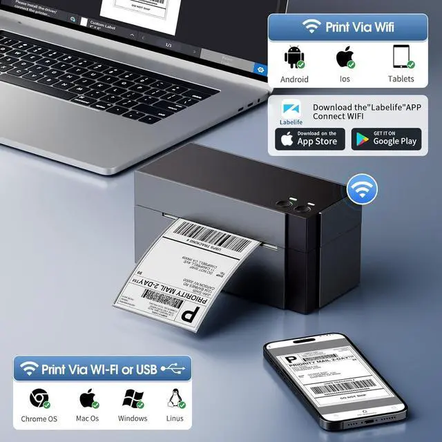 Alt view image 2 of 7 - 344WF WiFi Label Printer, [Upgraded] 300DPI Shipping Thermal Labels Printer for Shipping Packages, 4x6 Label Printers Compatible with iOS, Android and PC Etsy Ebay USPS, IF Design Award 2024