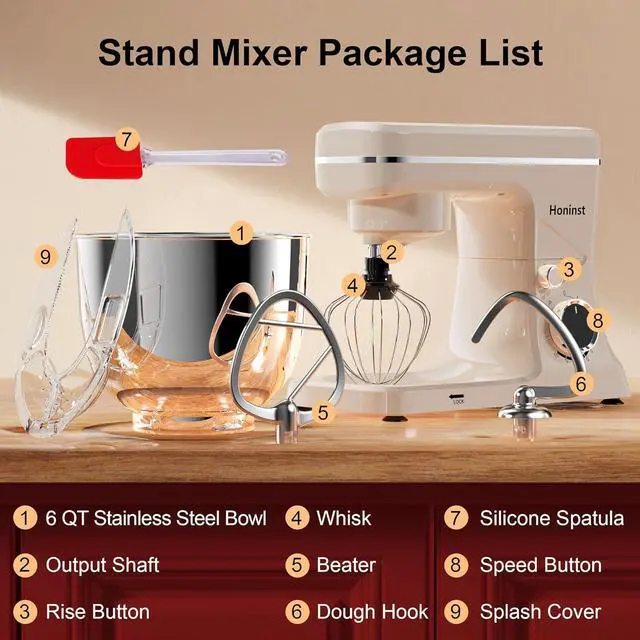 Alt view image 2 of 7 - 10-Speed Stand Mixer with 8-in-1 Splash Guard, Tilt-Head, 6QT Stainless Steel Bowl + Dishwasher-Safe Dough Hook/Whisk/Beater/Spatula for Baking Bread, Cakes, Cookies, Beige