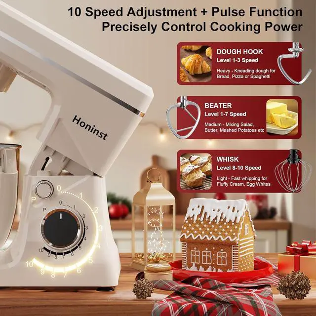 Alt view image 3 of 7 - 10-Speed Stand Mixer with 8-in-1 Splash Guard, Tilt-Head, 6QT Stainless Steel Bowl + Dishwasher-Safe Dough Hook/Whisk/Beater/Spatula for Baking Bread, Cakes, Cookies, Beige
