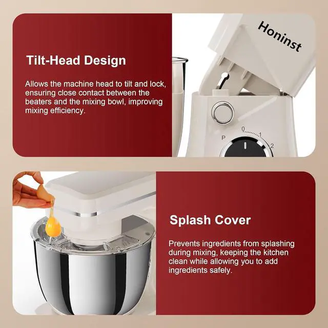 Alt view image 6 of 7 - 10-Speed Stand Mixer with 8-in-1 Splash Guard, Tilt-Head, 6QT Stainless Steel Bowl + Dishwasher-Safe Dough Hook/Whisk/Beater/Spatula for Baking Bread, Cakes, Cookies, Beige