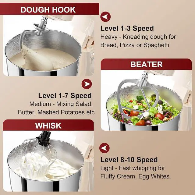Alt view image 4 of 7 - 10-Speed Stand Mixer with 8-in-1 Splash Guard, Tilt-Head, 6QT Stainless Steel Bowl + Dishwasher-Safe Dough Hook/Whisk/Beater/Spatula for Baking Bread, Cakes, Cookies, Beige