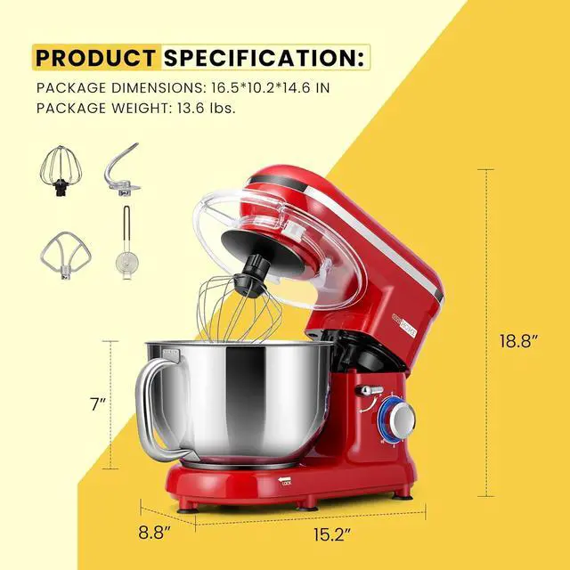 Alt view image 7 of 7 - Stand Mixer, 660W 10 Speed 6 Quart Tilt-Head Kitchen Electric Food Mixer with Beater, Dough Hook, Wire Whip and Egg Separator, Red