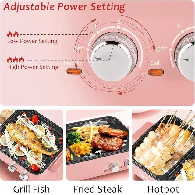 Alt view image 2 of 7 - Topwit Hot Pot Electric with Grill, 2 in 1 Indoor Non-stick for Steaks, Shabu Shabu, Noodles, Simmer and Fry, Korean BBQ Grill, Independent Dual Temperature Control, Pink
