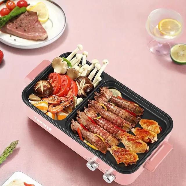 Alt view image 4 of 7 - Topwit Hot Pot Electric with Grill, 2 in 1 Indoor Non-stick for Steaks, Shabu Shabu, Noodles, Simmer and Fry, Korean BBQ Grill, Independent Dual Temperature Control, Pink
