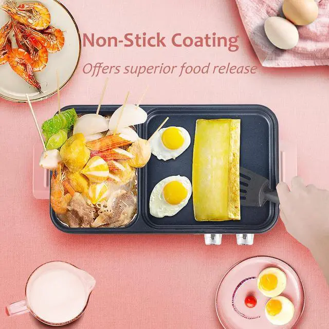 Alt view image 5 of 7 - Topwit Hot Pot Electric with Grill, 2 in 1 Indoor Non-stick for Steaks, Shabu Shabu, Noodles, Simmer and Fry, Korean BBQ Grill, Independent Dual Temperature Control, Pink