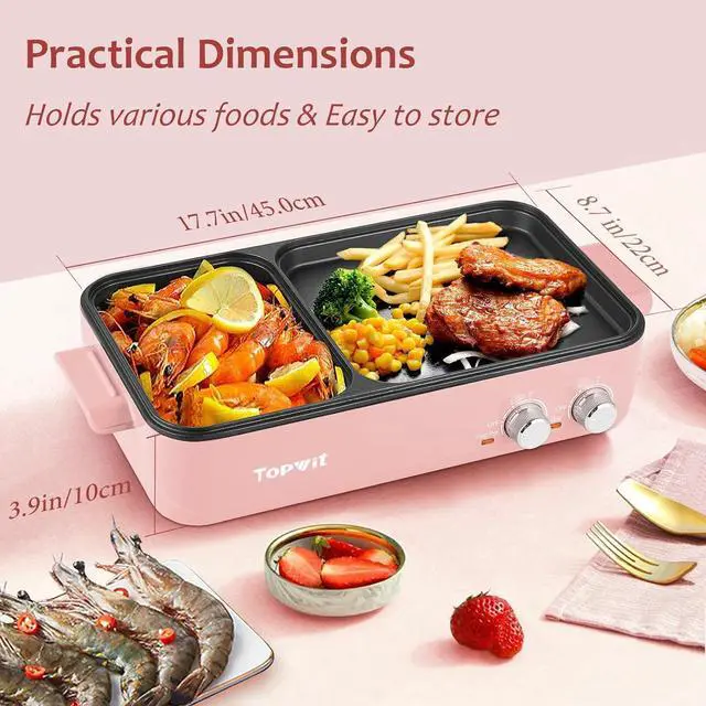 Alt view image 7 of 7 - Topwit Hot Pot Electric with Grill, 2 in 1 Indoor Non-stick for Steaks, Shabu Shabu, Noodles, Simmer and Fry, Korean BBQ Grill, Independent Dual Temperature Control, Pink