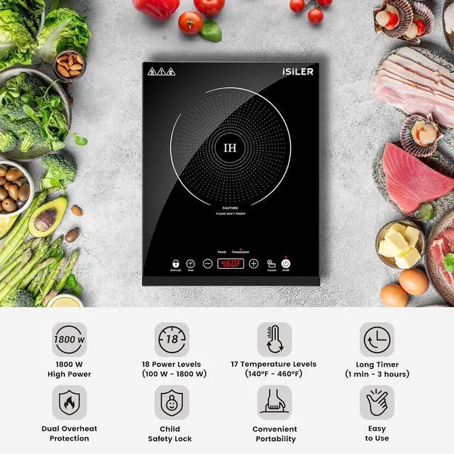 Alt view image 2 of 6 - Portable Induction Cooktop, iSiLER 1800W Sensor Touch Electric Induction Cooker Hot Plate with Kids Safety Lock, 6.7" Heating Coil, 18 Power 17 Temperature Setting Countertop Burner with Timer