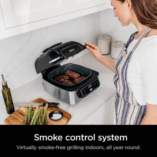Alt view image 4 of 7 - | Indoor Grill | Foodi | 5-in-1 (Grill, Air Fry, Roast, Bake, and Dehydrate | Fits up to 3lb Roast | Smoke Control System and Dishwasher Safe Parts| Black/Grey | AG301