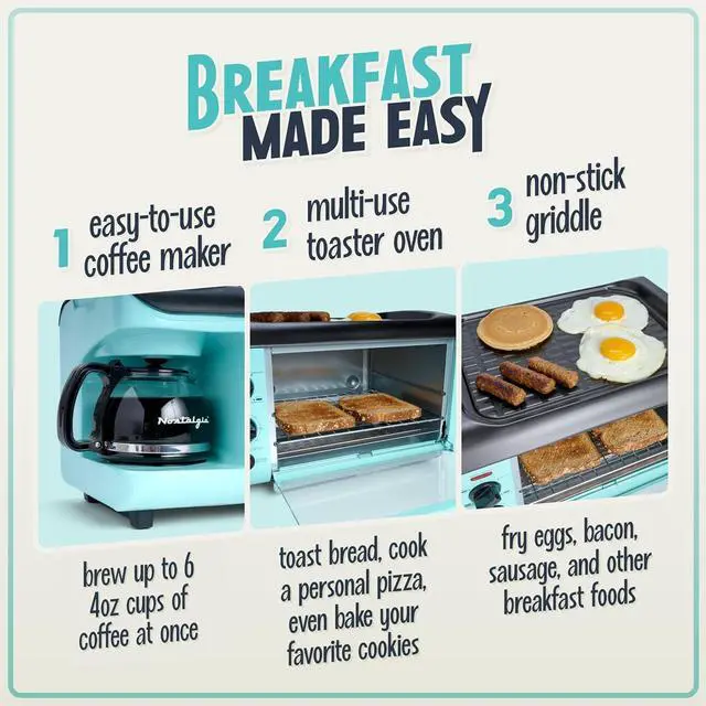 Alt view image 3 of 7 - 3-in-1 Breakfast Station - Includes Coffee Maker, Non-Stick Griddle, and 4-Slice Toaster Oven - Versatile Breakfast Maker with Timer - Aqua