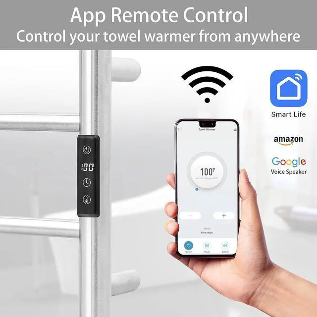 Alt view image 2 of 7 - Smart WiFi Towel Warmer Wall Mounted with Built-in Timer and Temperature Adjust Control, 4 Bars Electric Stainless Steel Heated Towel Racks for Bathroom Polish Chrome