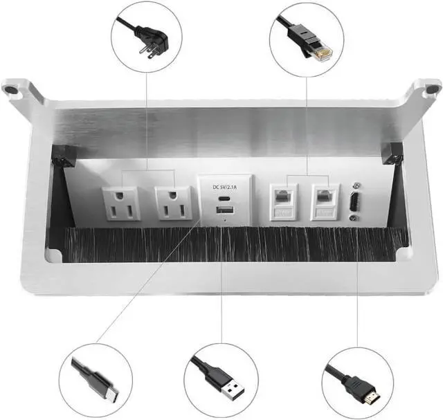 Alt view image 2 of 7 - Conference Table Power hub Conference Table connectivity Box with 45 Degree Angle Convenient Plug-in Socket, Power Fully Enclosed Bottom Box Power Socket, USB, Type C, HDMI, RJ45, Silver