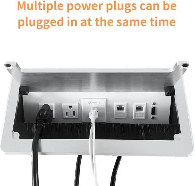 Alt view image 4 of 7 - Conference Table Power hub Conference Table connectivity Box with 45 Degree Angle Convenient Plug-in Socket, Power Fully Enclosed Bottom Box Power Socket, USB, Type C, HDMI, RJ45, Silver