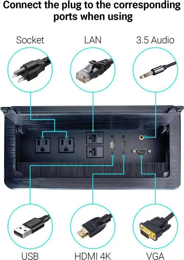Alt view image 2 of 6 - Tabletop Brush Connectivity Box Outlet with Socket HDMI LAN VGA Power for Desktop Conference