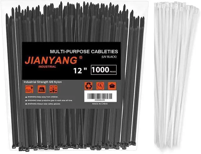 Main image of 12 Inch Zip Ties (Bulk 1000 Pack Black & 100 Pack White),50LBS Tensile Strength Heavy Duty Cable Wire Ties With Self-Locking Adjustable Durable Nylon Tie Wraps for Indoor Outdoor (10 Pack Mount)