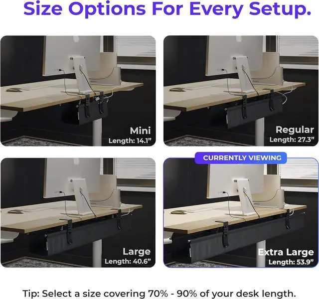 Alt view image 4 of 7 - Original No Drill Under Desk Cable Management Tray 53.9" - Premium Black Fabric Cable Management Under Desk - Clamp/Screw Mount Cord Organizer - Supports Upto 66lbs - Extra Large