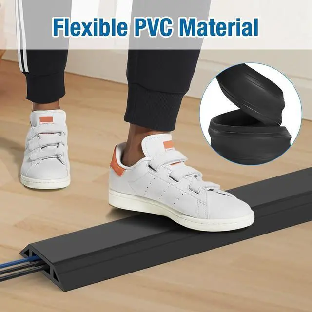 Alt view image 5 of 7 - 10 ft Floor Cord Cover Heavy Duty Cable Protector, Easy to Unroll, Prevent Trip Hazard for Home Office or Outdoor Settings (Black - 2pcs)