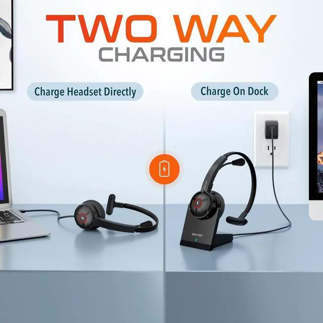 Alt view image 7 of 7 - Delton Noise Canceling Bluetooth Computer Headset with Charging Dock, Wireless Headset for Laptop/PC/iMac/Tablet/Smartphones, Compatible with MS Teams, Zoom, Google Meet, Slack and More - Black