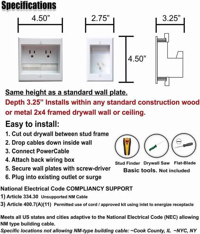 Alt view image 4 of 5 - TWO-PRO-6 Dual Outlet TV Cord Hider for Wall Mounted TVs - Recessed In-Wall Cable hider System for Power & Low Voltage - Matches Existing Outlets -Hide Wires With this Easy DIY Install Kit