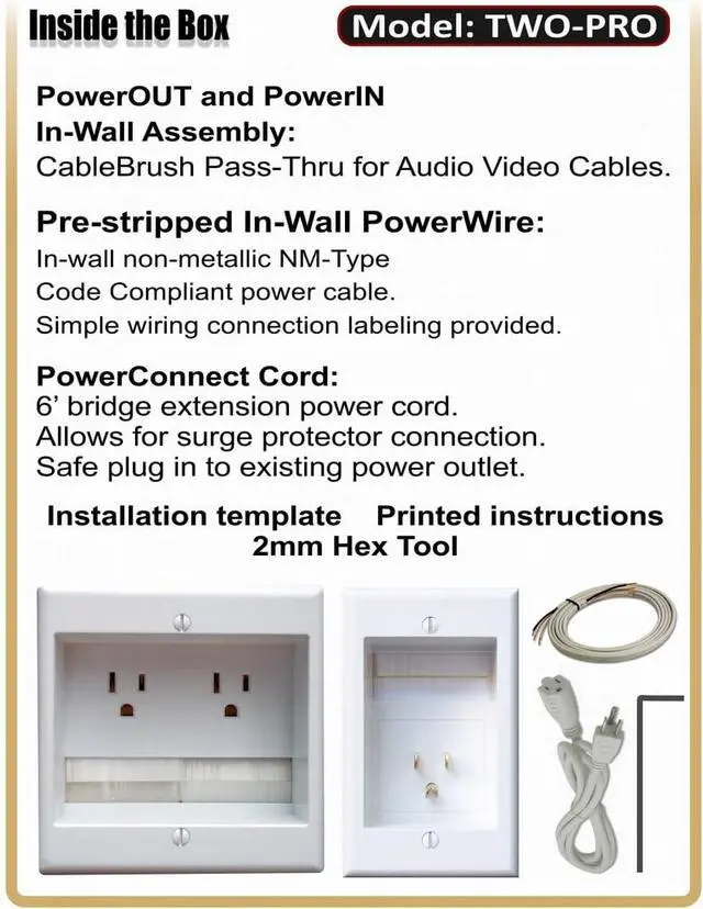 Alt view image 5 of 5 - TWO-PRO-6 Dual Outlet TV Cord Hider for Wall Mounted TVs - Recessed In-Wall Cable hider System for Power & Low Voltage - Matches Existing Outlets -Hide Wires With this Easy DIY Install Kit