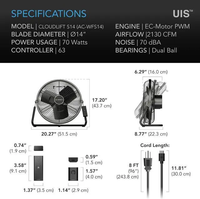Alt view image 7 of 7 - CLOUDLIFT S14, Industrial Wall Fan 14 with Wireless 10-Speed Controller, EC-Motor High-Velocity Shop Fan Floor Stand or Wall Mount, for Hydroponics, Greenhouses, Workshop Circulation