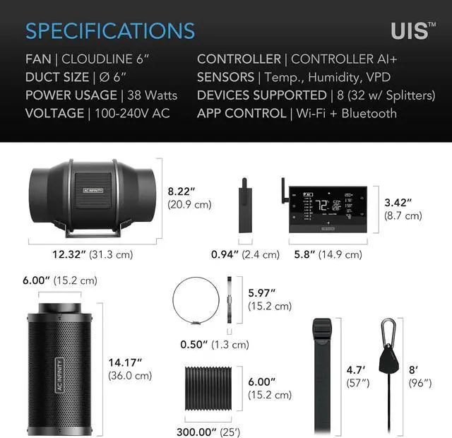 Alt view image 7 of 7 - Air Filtration PRO Kit 6, AI Controller with WiFi App Control & Auto Level Adjusting, Inline Fan, Carbon Filter, Ducting, Ventilation System for Grow Tents, Hydroponics, Indoor Gardening