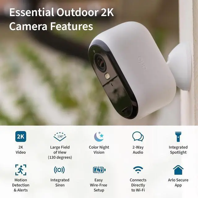 Alt view image 2 of 6 - Essential Security Camera 2K |Outdoor - Indoor | 2nd Gen | Wireless with Spotlight, 2-Way Audio, Color Night Vision, Live Stream, Motion Activation, Real Time Notifications, Wide Angle - White