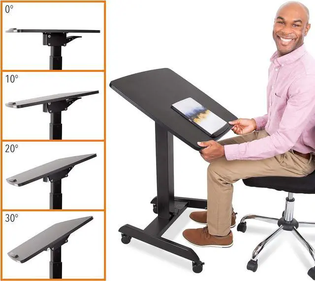 Alt view image 5 of 7 - Multifunctional Mobile Podium Desk | Portable Sit to Stand Lectern with Pneumatic Height Adjustment & Tilting Desktop | Rolling Laptop Stand | Mobile Desk for School, Home, Office (Black)