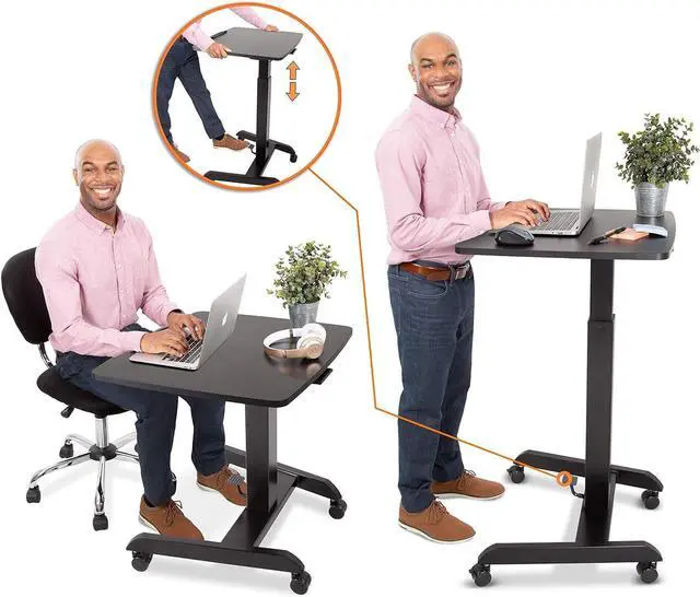 Alt view image 4 of 7 - Multifunctional Mobile Podium Desk | Portable Sit to Stand Lectern with Pneumatic Height Adjustment & Tilting Desktop | Rolling Laptop Stand | Mobile Desk for School, Home, Office (Black)