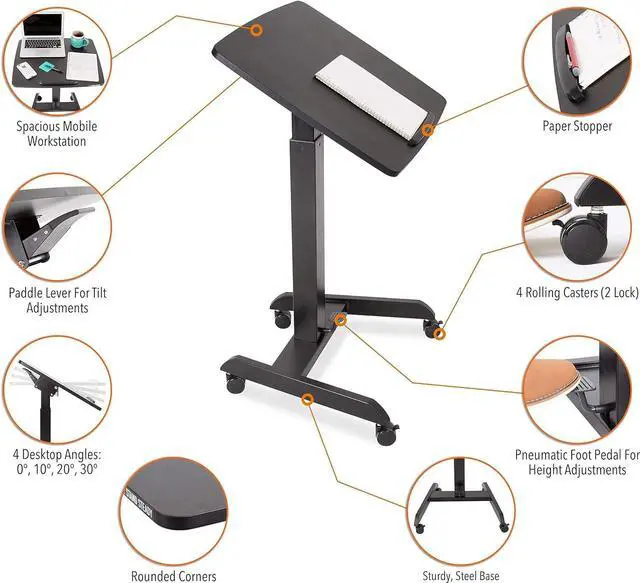 Alt view image 6 of 7 - Multifunctional Mobile Podium Desk | Portable Sit to Stand Lectern with Pneumatic Height Adjustment & Tilting Desktop | Rolling Laptop Stand | Mobile Desk for School, Home, Office (Black)