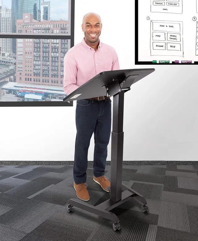 Alt view image 7 of 7 - Multifunctional Mobile Podium Desk | Portable Sit to Stand Lectern with Pneumatic Height Adjustment & Tilting Desktop | Rolling Laptop Stand | Mobile Desk for School, Home, Office (Black)