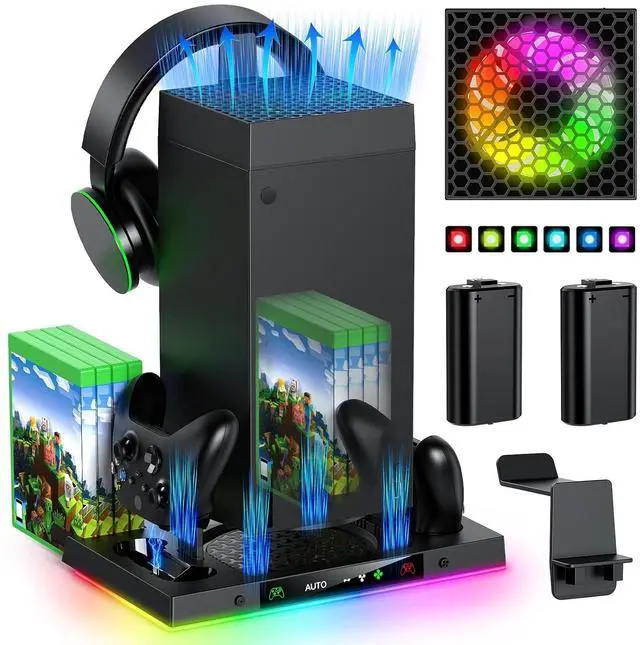 Main image of Auto Cooling Fan and Charge Stand Accessories for Xbox Series X Console with 15 Light Modes, Wireless Dual Charger Dock for XSX Controller, 2* Rechargeable Batteries, Headset Stand & Game Disc Storage