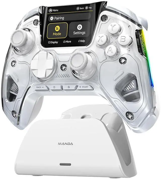 Main image of ManbaOne Interactive Screen Wireless Gaming Controller for PC/Switch/Switch 2/iOS/Android,Hall Effect Stick & Trigger,RGB Lighting,Remappable Buttons,1800mAh with Charging Dock (White)