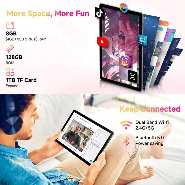 Alt view image 2 of 7 - Hi10 XPro Android 14 Tablet 10.1, 8GB RAM 128GB ROM, Unisoc T606 Octa-Core, HD IPS Touchscreen Tablet PC,13MP+5MP Camera, Widevine L1,7000mAh,4G LTE, 5G WiFi, GPS,BT 5.0,Type-C, with Case