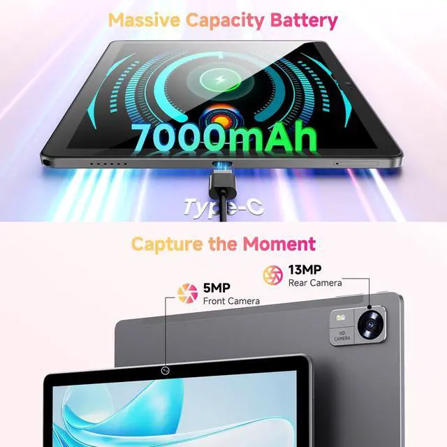 Alt view image 7 of 7 - Hi10 XPro Android 14 Tablet 10.1, 8GB RAM 128GB ROM, Unisoc T606 Octa-Core, HD IPS Touchscreen Tablet PC,13MP+5MP Camera, Widevine L1,7000mAh,4G LTE, 5G WiFi, GPS,BT 5.0,Type-C, with Case