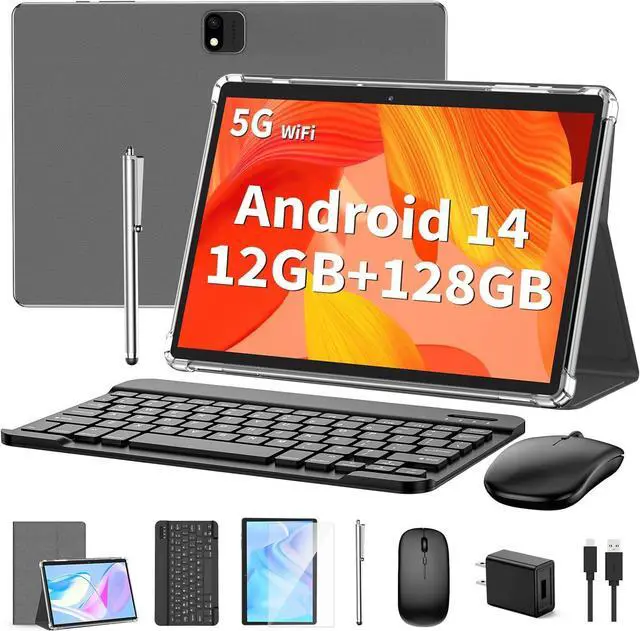 Main image of Android Tablet with Keyboard, Android 14 Tablet, 12(6+6) GB+128GB, 1TB Expand, 2 in 1, Mouse, Stylus, 8000mAh Battery, 2.4G/5G WiFi, GPS, Silver Case