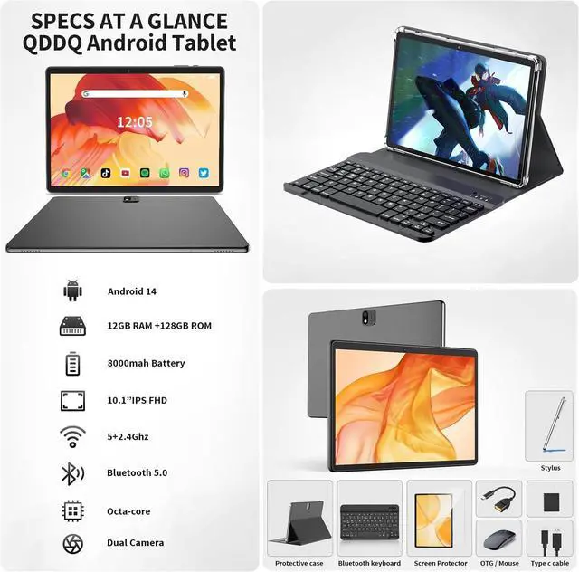 Alt view image 2 of 7 - Android Tablet with Keyboard, Android 14 Tablet, 12(6+6) GB+128GB, 1TB Expand, 2 in 1, Mouse, Stylus, 8000mAh Battery, 2.4G/5G WiFi, GPS, Silver Case