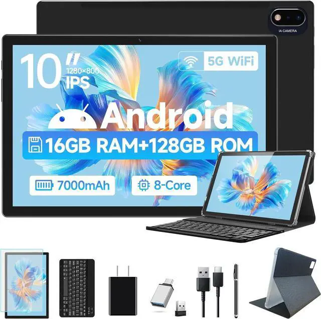 Main image of 2025 Latest Android Tablet 10.1 Inch, 5G WiFi Tablets Mit 16GB RAM+128GB ROM(1TB TF),2 in 1 Tablet with Keyboard Mouse Pen-Octa-Core2.0Ghz | 7000mAh | 1080FHD | 13MP Camera | WLAN GPS -Black