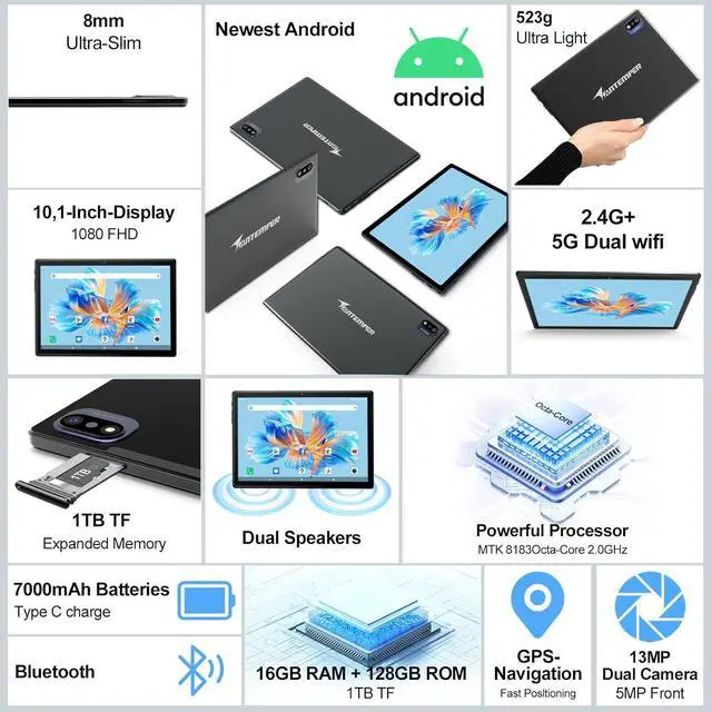 Alt view image 2 of 7 - 2025 Latest Android Tablet 10.1 Inch, 5G WiFi Tablets Mit 16GB RAM+128GB ROM(1TB TF),2 in 1 Tablet with Keyboard Mouse Pen-Octa-Core2.0Ghz | 7000mAh | 1080FHD | 13MP Camera | WLAN GPS -Black