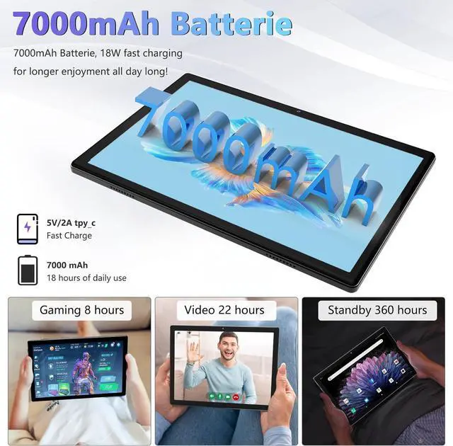Alt view image 6 of 7 - 2025 Latest Android Tablet 10.1 Inch, 5G WiFi Tablets Mit 16GB RAM+128GB ROM(1TB TF),2 in 1 Tablet with Keyboard Mouse Pen-Octa-Core2.0Ghz | 7000mAh | 1080FHD | 13MP Camera | WLAN GPS -Black