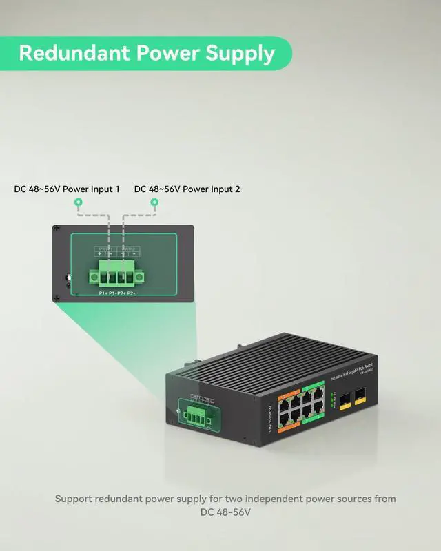 Alt view image 4 of 7 - Industrial 8-Port Full Gigabit POE++ Switch with 4 BT 90W PoE Ports, 2 Gigabit SFP Uplinks, POE Budget 120W, POE Watchdog, DIN-Rail POE Switch for PTZ Camera/POE Lighting/ POE Monitor