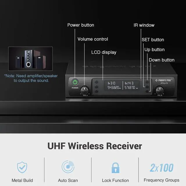 Alt view image 3 of 7 - Wireless Microphone System, Dual Wireless Mics,w/ 2 Handhelds, Auto Scan,2x100 UHF Frequencies,328ft Range,Dynamic Microphone for Singing, Karaoke, Church(PTU-71-2H)