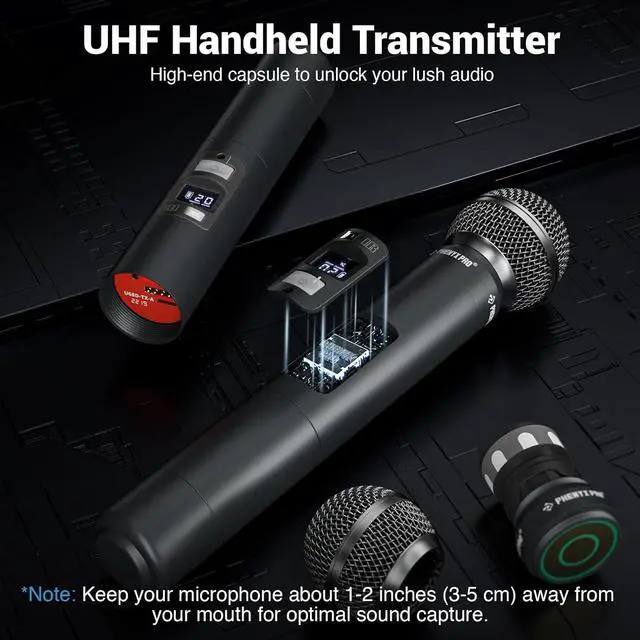 Alt view image 5 of 7 - Wireless Microphone System, Dual Wireless Mics,w/ 2 Handhelds, Auto Scan,2x100 UHF Frequencies,328ft Range,Dynamic Microphone for Singing, Karaoke, Church(PTU-71-2H)