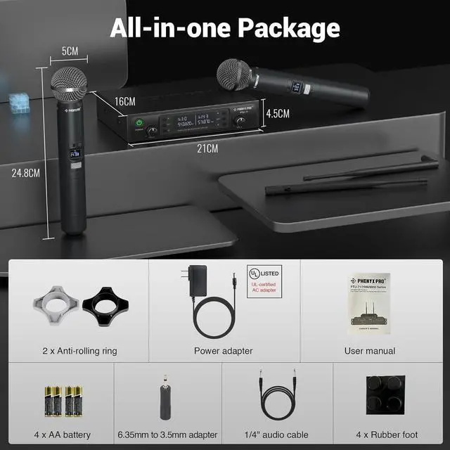 Alt view image 7 of 7 - Wireless Microphone System, Dual Wireless Mics,w/ 2 Handhelds, Auto Scan,2x100 UHF Frequencies,328ft Range,Dynamic Microphone for Singing, Karaoke, Church(PTU-71-2H)