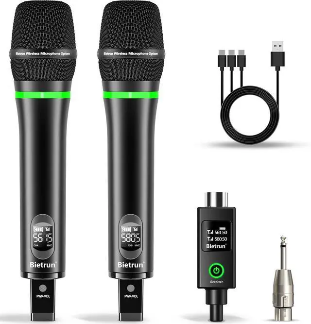 Main image of XLR Wireless Microphone, Rechargeable Dual Metal Cordless Handheld Dynamic Mics for Mixer, Audio Interface, PA Amplifier System, Church, Singing, Karaoke(UHF 240FT Range)(with 6.35 Adapter)