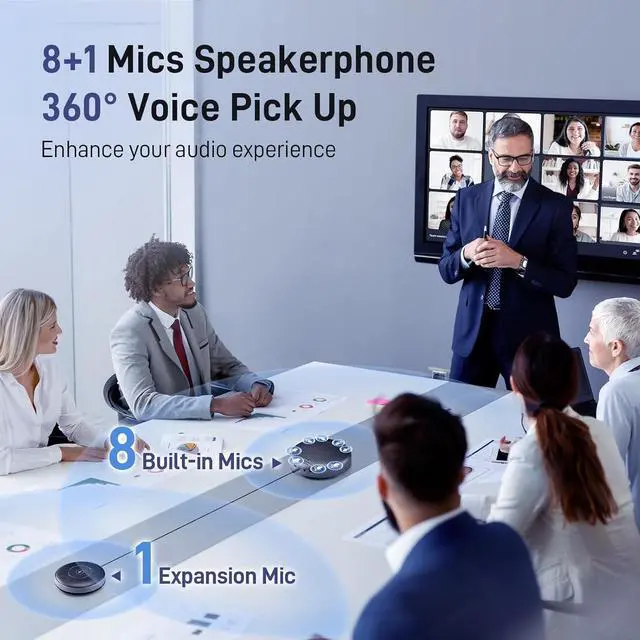 Alt view image 2 of 7 - Conference Speaker and Microphone w/8+1 Mics, 360° Voice Pickup, Noise Reduce, Bluetooth/USB/Dongle Speakerphone for 14 People w/Daisy Chain for 25, Compatible w/Leading Platforms, 2025 Version