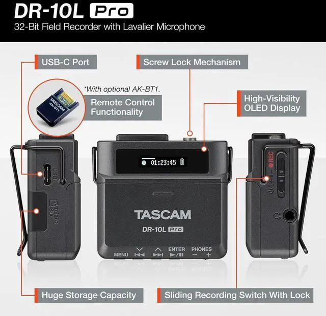 Alt view image 3 of 7 - TASCAM DR-10L Pro Field Recorder with Lavalier Microphone and 32-bit Float Recording for Audio for Video  Supports 512GB microSDXC and LTC Jam Sync for Seamless Timecode Synchronization