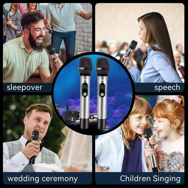 Alt view image 5 of 7 - Rechargeable Wireless Microphone System - Dual UHF Metal Handheld Mics for Karaoke, Weddings, Parties, Speeches - Long Range (200ft), Cordless Dynamic Mic Kit, Plug and Play (Dual Microphone Set)