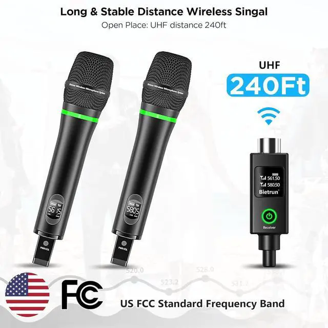 Alt view image 2 of 7 - XLR Wireless Microphone, Rechargeable Dual Metal Cordless Handheld Dynamic Mics for Mixer, Audio Interface, PA Amplifier System, Church, Singing, Karaoke(UHF 240FT Range)(with 6.35 Adapter)